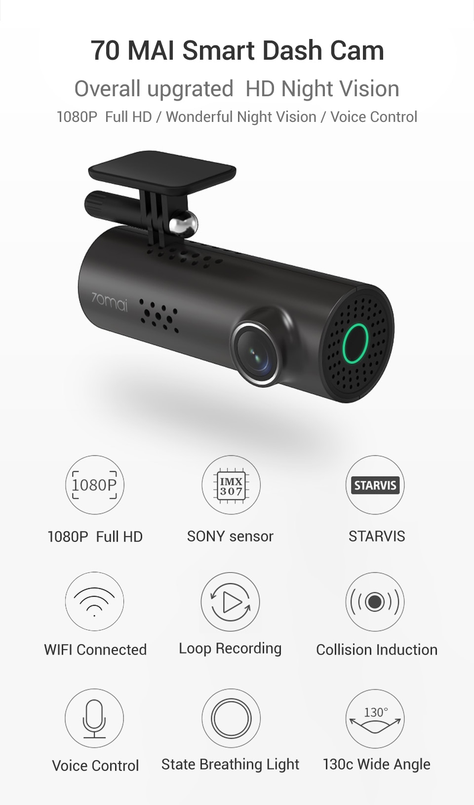 Tube Design WiFi 1080P HD Dashcam with Voice Control