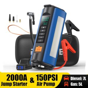 Jump Starter Air Compressor with Power Bank 1500A Peak Battery Booster 150PSI Electric Pump 12V Car Starter with Lighting